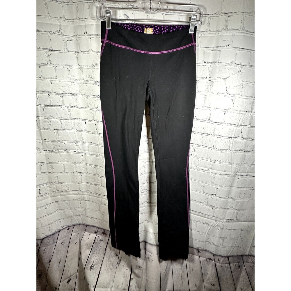Lucy Women Black Purple Contrast Stitch Yoga Pants Athletic Leggings Size XS